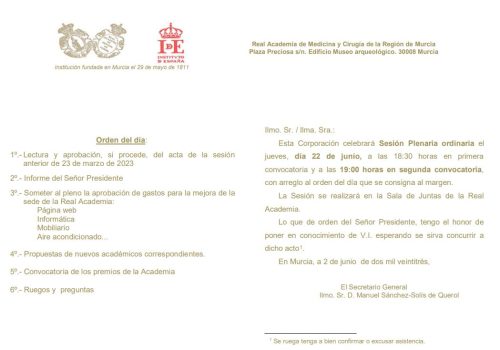 Sesión Plenaria Ordinaria de la Real Academia de Medicina y Cirugía de la Región de Murcia